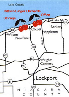 Map showing location of Bittner-Singer Orchards, office and storage